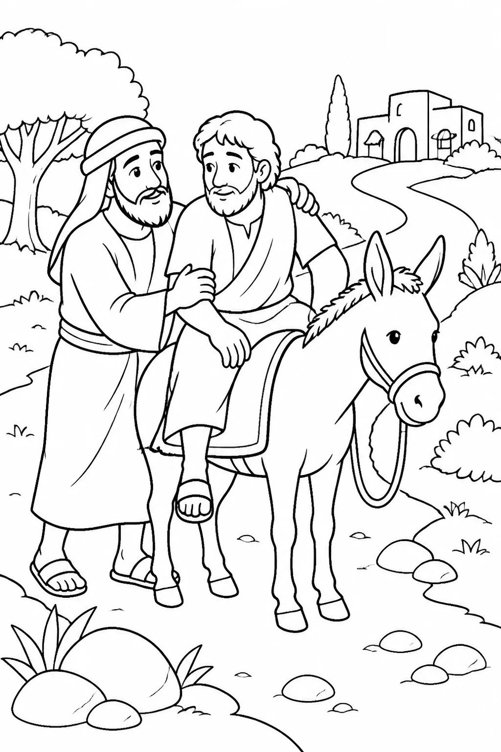 A Samaritan helps a wounded traveler onto his own animal beside a roadside, with an inn in the distance, illustrating Luke 10:33–35.