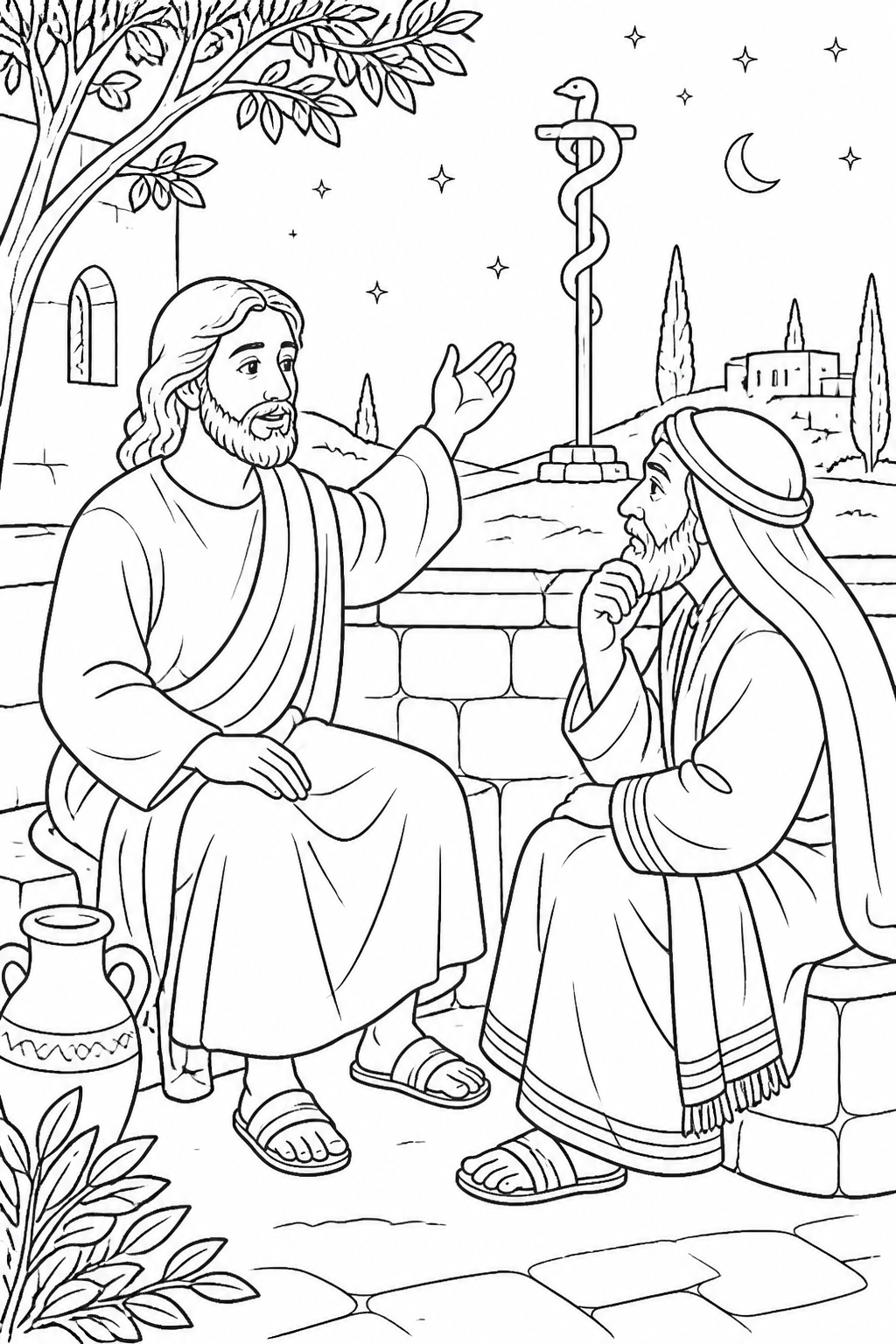 Jesus Gives a Wilderness Comparison from Jesus Teaches Nicodemus Bible coloring page