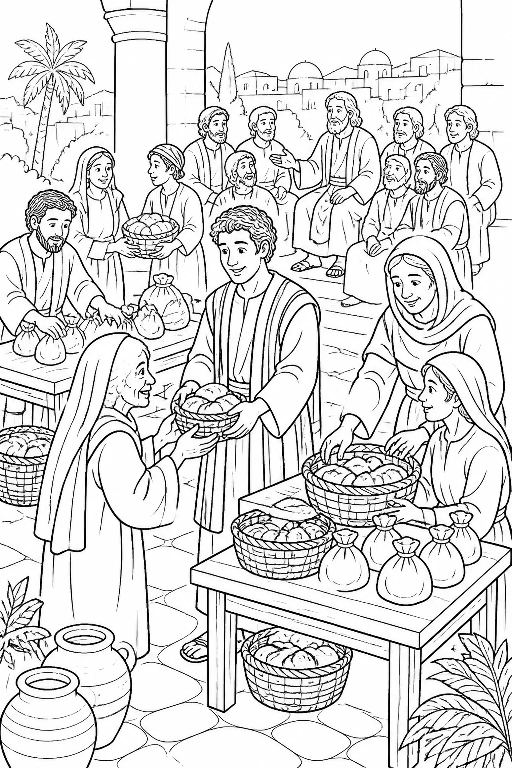Stephen, the apostles, and disciples organize fair daily care for widows at tables with baskets of food in the Jerusalem church.