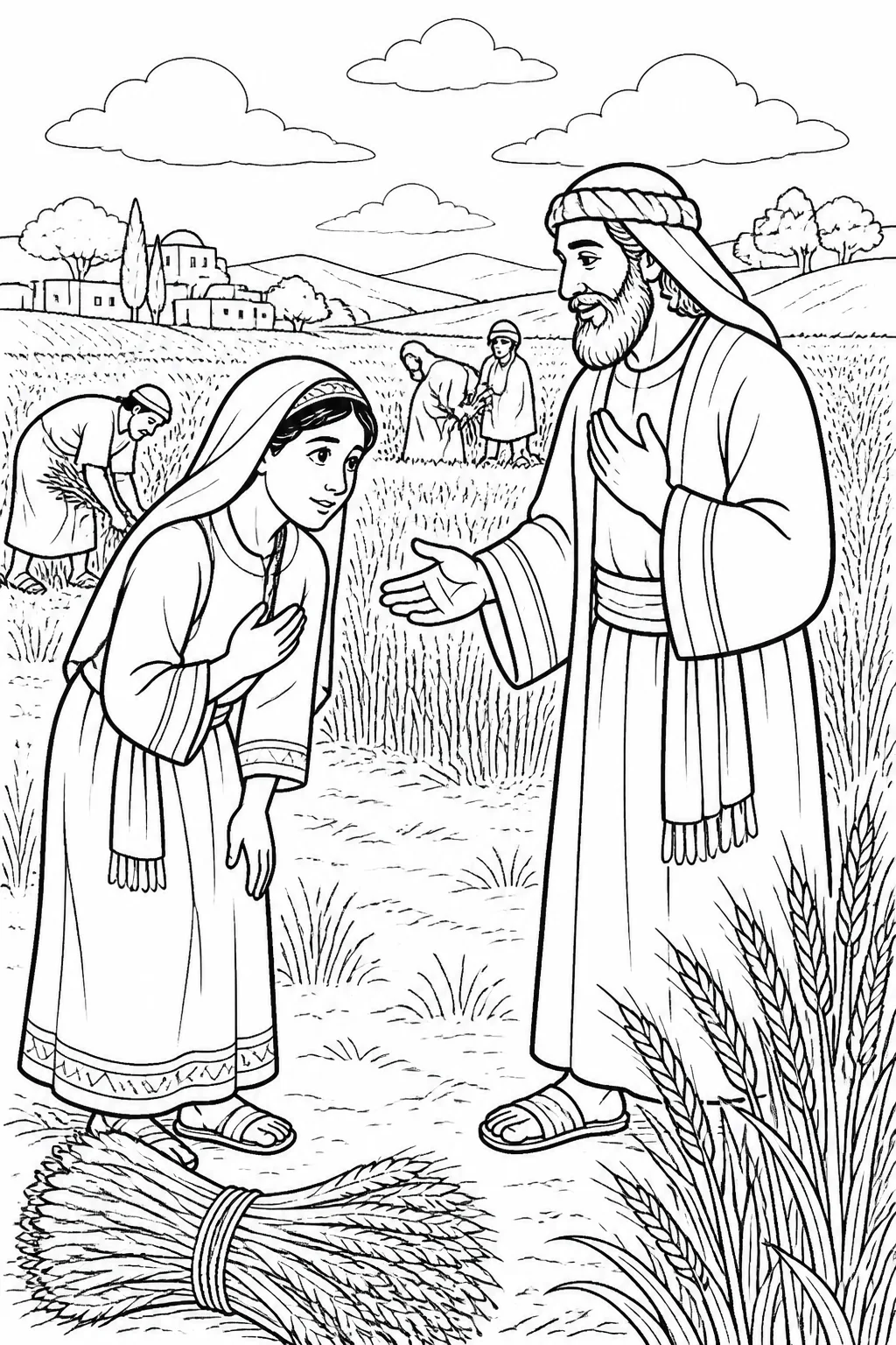 Ruth bows before Boaz in a grain field and asks why he has shown kindness to her, a Moabite foreigner, as described in Ruth 2:10-13.