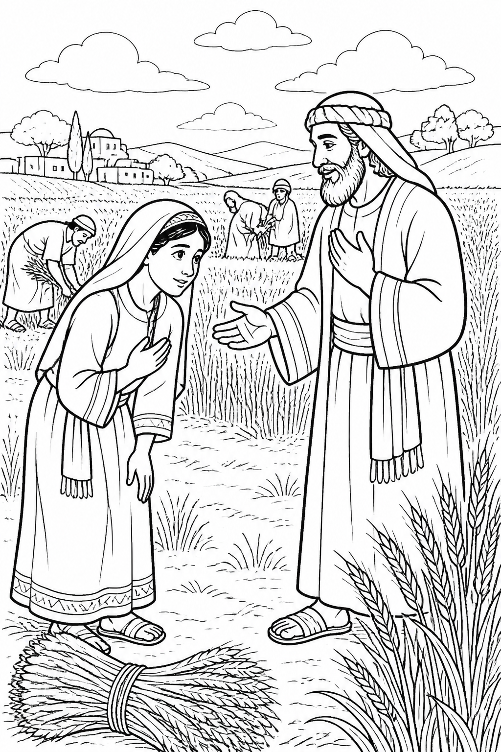 Ruth Receives Kindness from Ruth Gleans in Boaz’s Field Bible coloring page