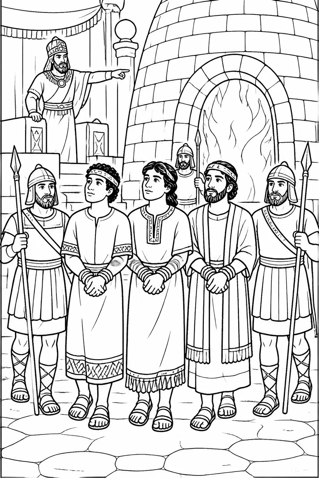 Shadrach, Meshach, and Abednego, bound and wearing their garments, are brought toward the blazing furnace as Nebuchadnezzar’s order is carried out.