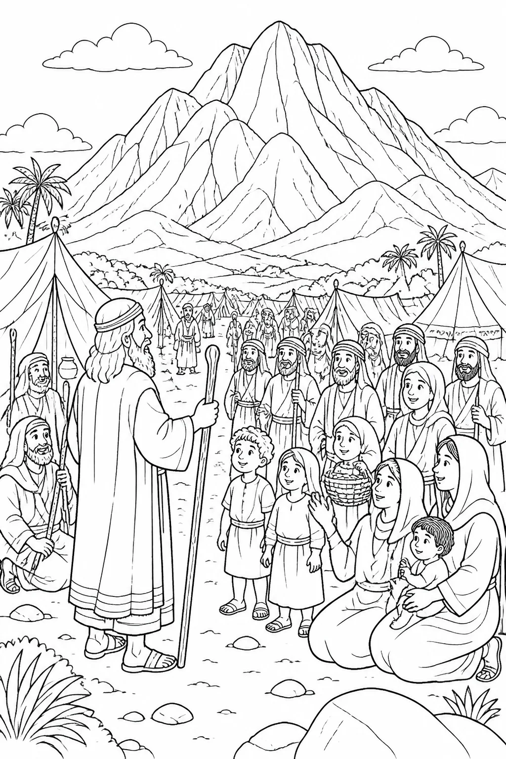 Moses and the people of Israel gathered at their camp in the Wilderness of Sinai before Mount Sinai.