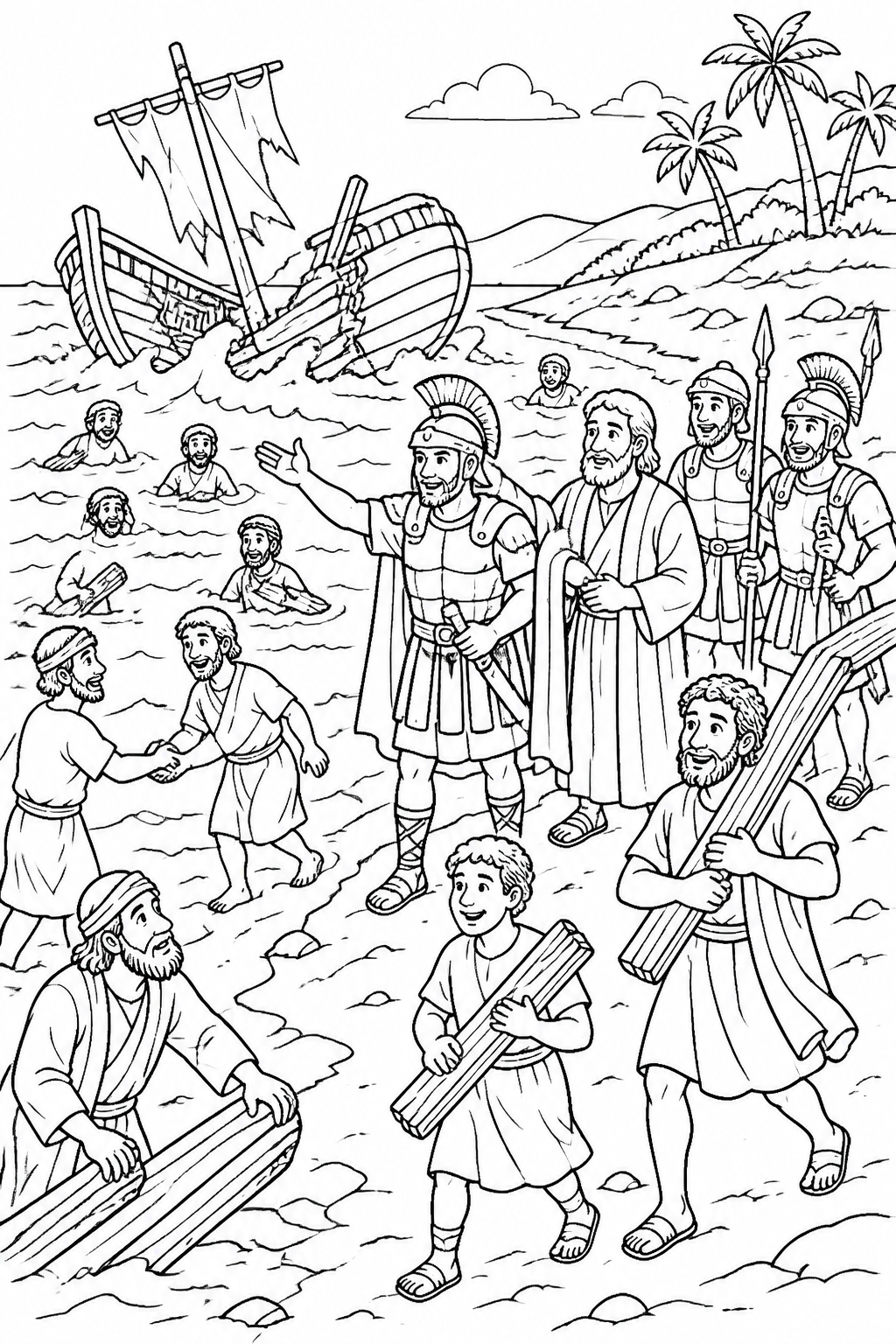 Everyone Reaches the Shore from Paul Survives a Shipwreck Bible coloring page