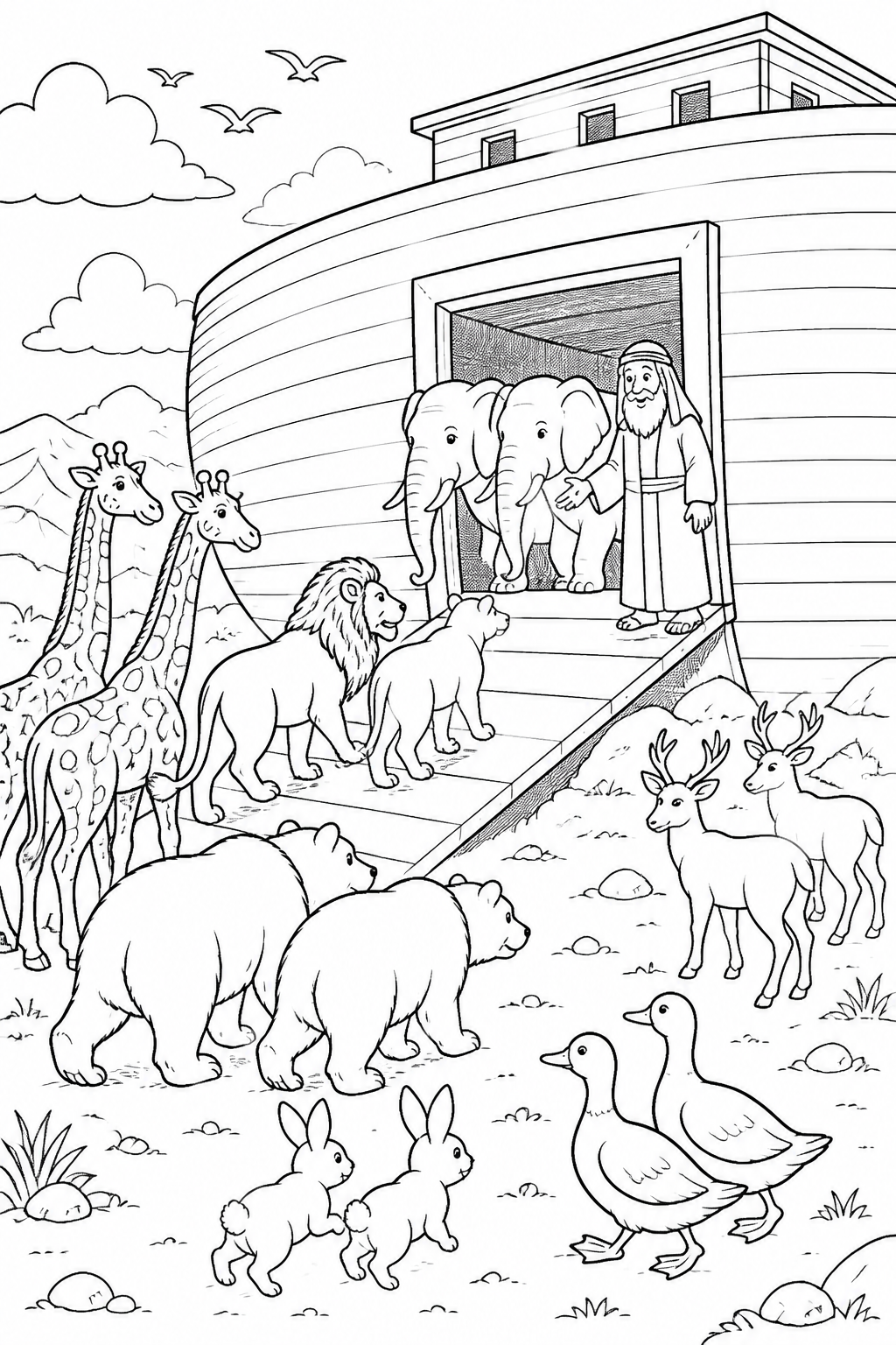 Animals arrive two by two from Noah’s Ark Bible coloring page