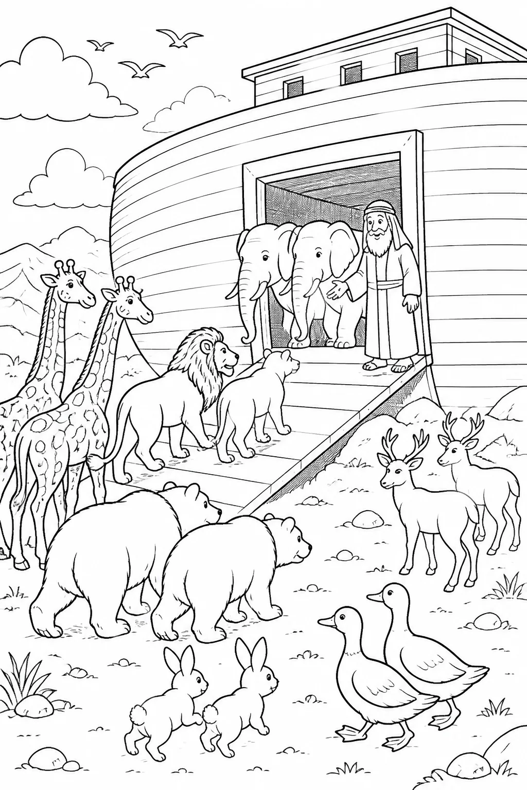 Animals arrive two by two from Noah’s Ark Bible coloring page
