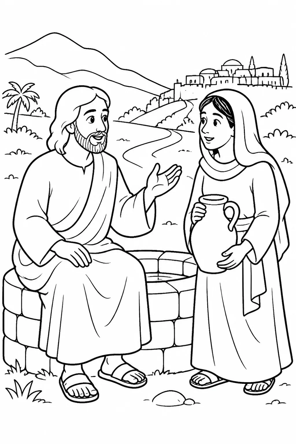 Jesus speaks with the Samaritan woman beside Jacob’s well near Sychar as they discuss worship and the Messiah.