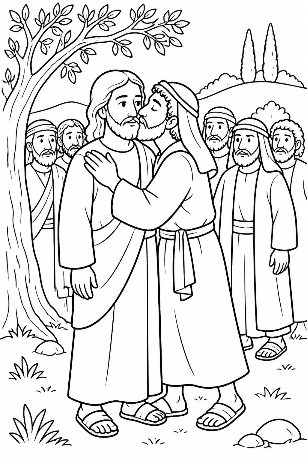 Jesus faces Judas Iscariot on the Mount of Olives as Judas approaches with a crowd and identifies Jesus with a kiss.