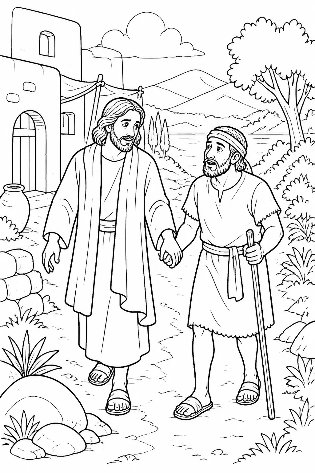 Jesus leads a blind man by the hand outside the village and asks whether he sees anything after placing His hands on the man’s eyes.