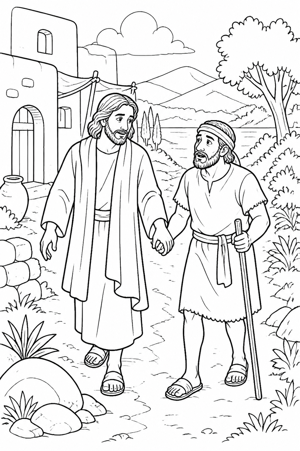 Jesus Leads Him Outside from Jesus Heals a Blind Man at Bethsaida Bible coloring page