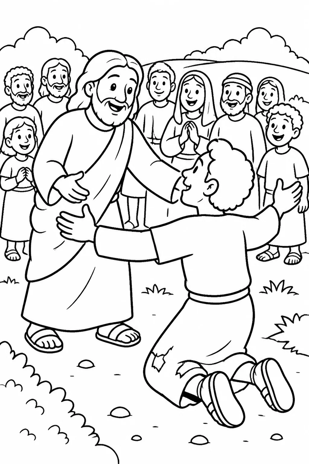 Jesus teaching about one repentant person turning back to God, with ninety-nine righteous people represented respectfully in a bright heavenly setting.