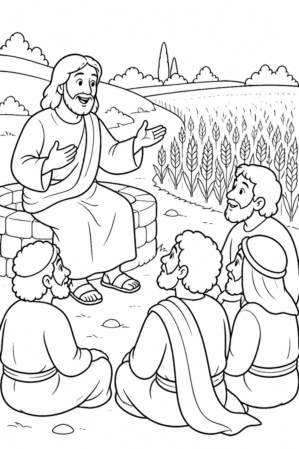 The Harvest Jesus Describes from Jesus and the Samaritan Woman Bible coloring page