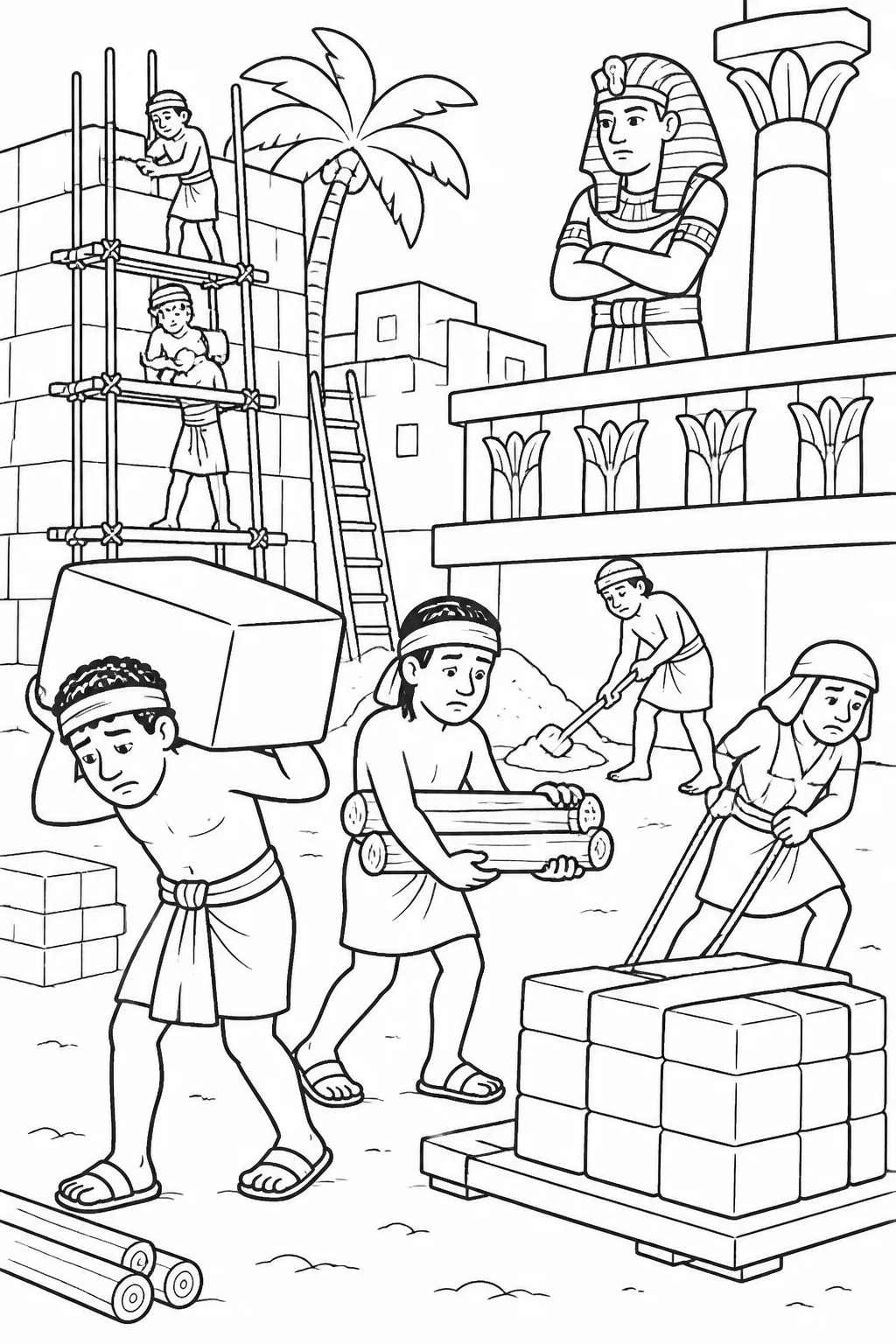 Israelite workers carry construction materials while laboring on the store cities Pithom and Raamses in Egypt as the new king watches from a distance.