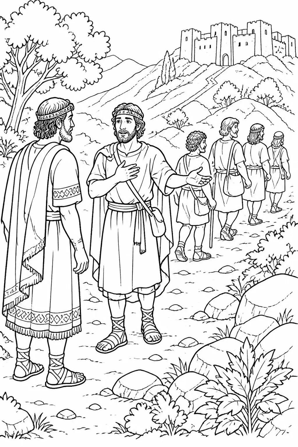 David and Saul stand apart in the wilderness as David makes a serious promise concerning Saul’s descendants; Saul turns home while David and his men head toward a stronghold.
