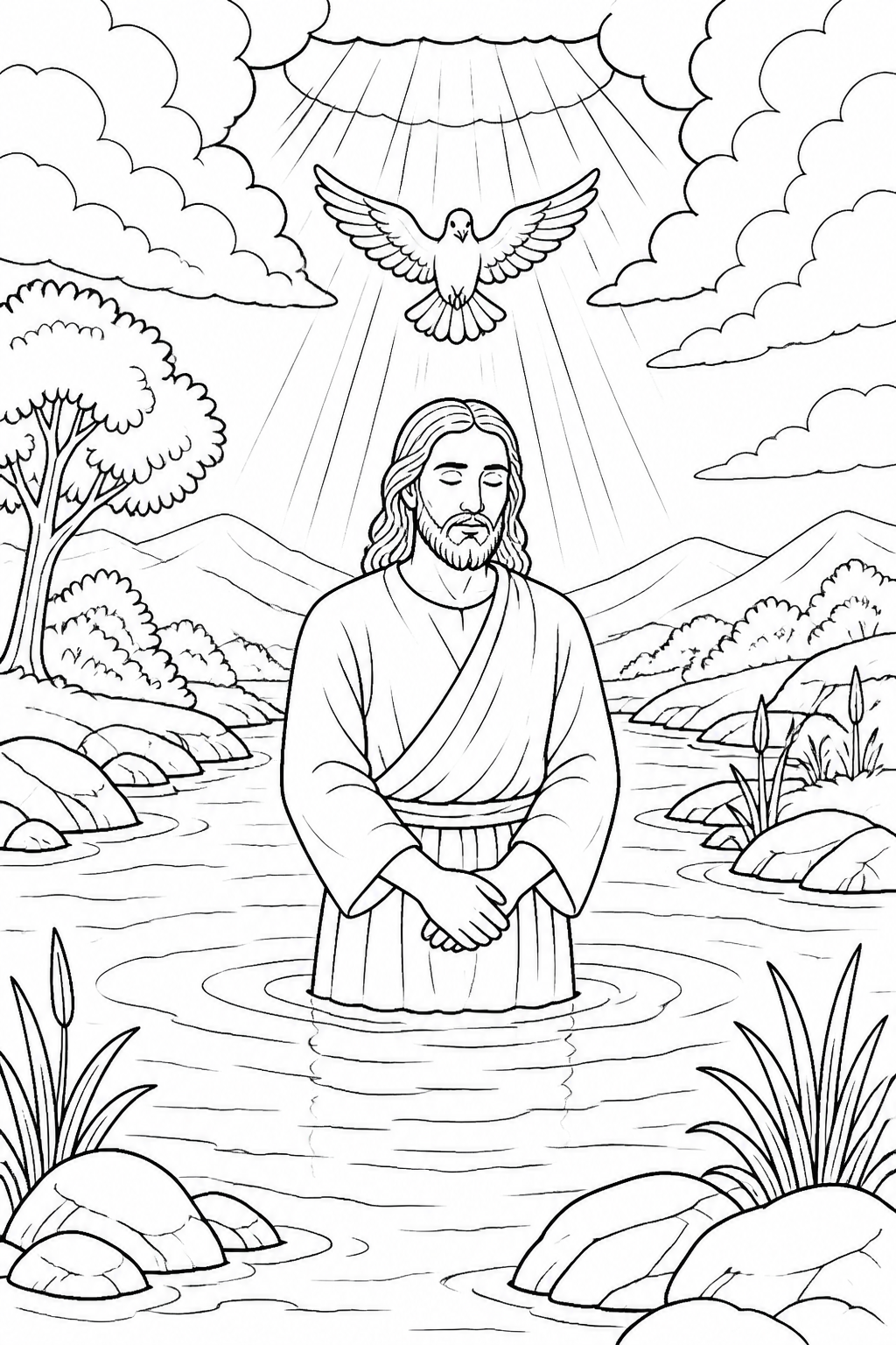 The Spirit Descends Peacefully from Jesus Is Baptized Bible coloring page
