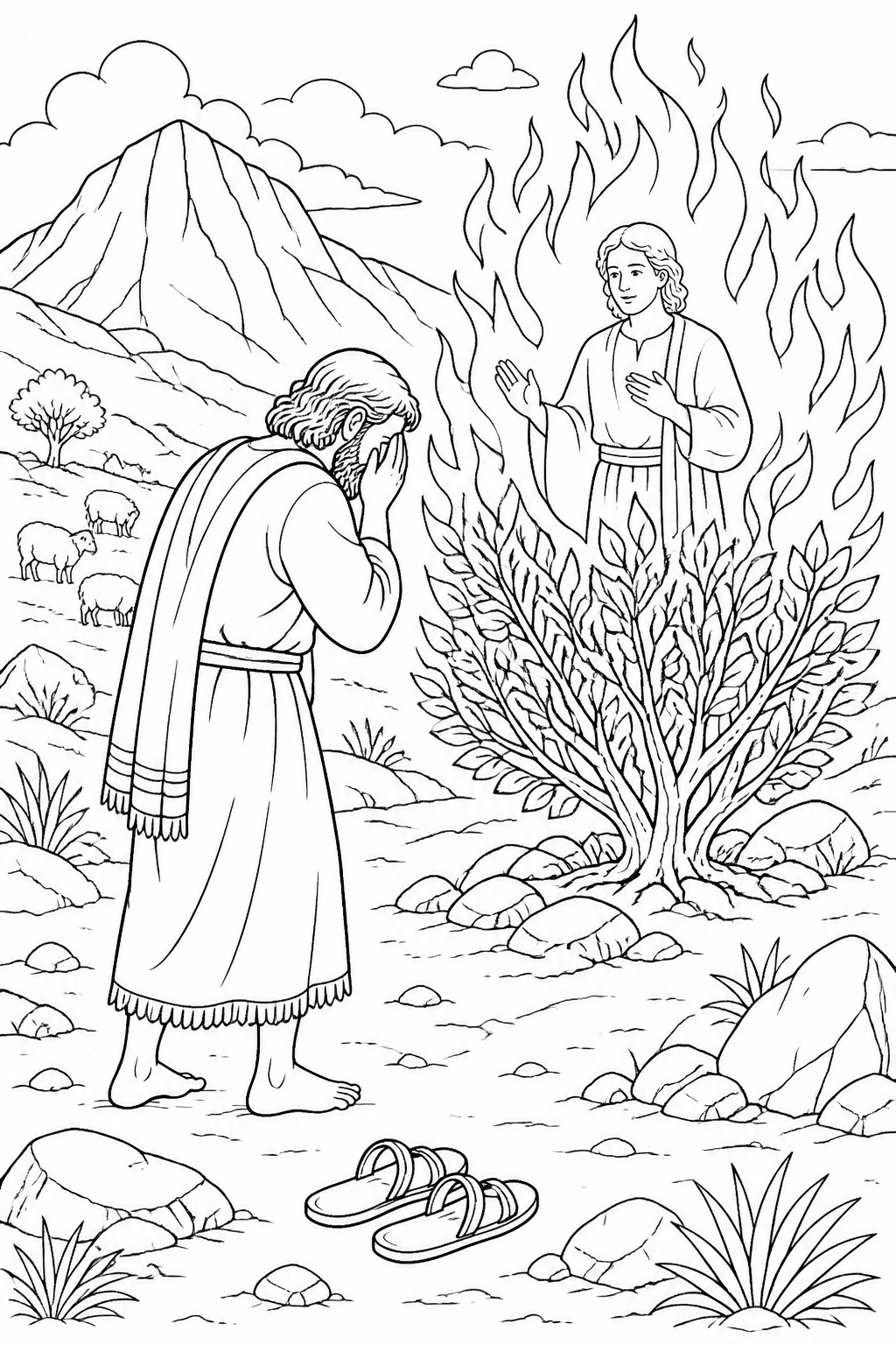 Moses Approaches the Burning Bush from Moses and the Burning Bush Bible coloring page