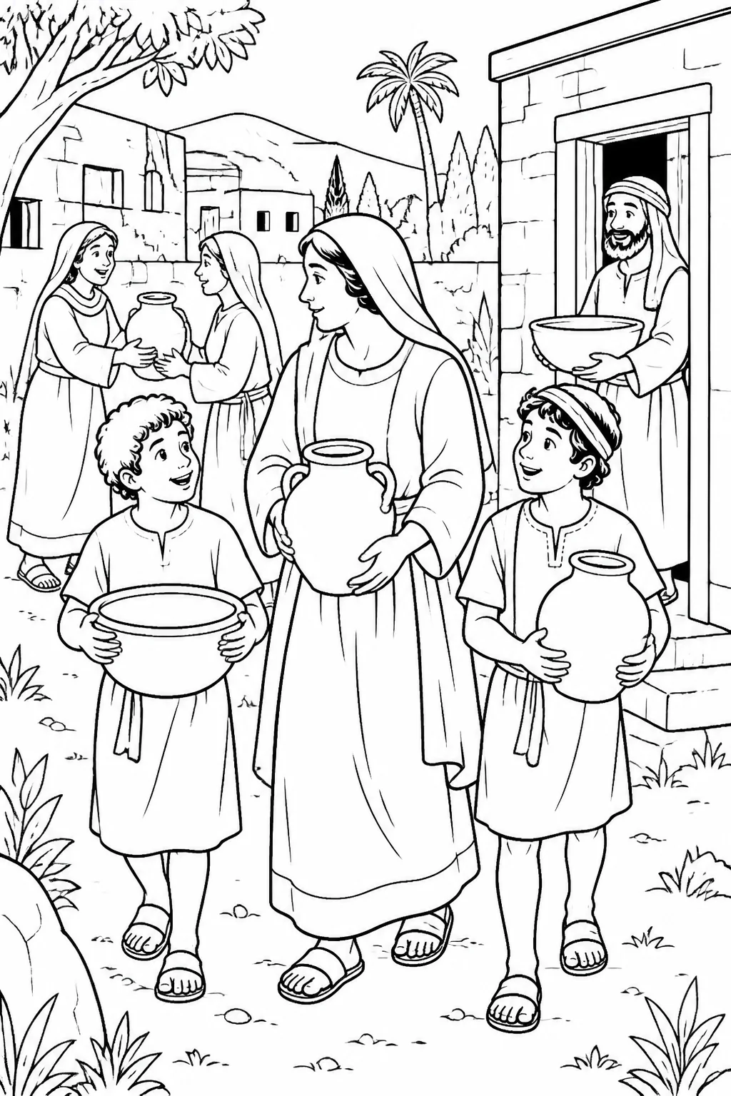 The unnamed widow and her two sons carry empty containers borrowed from several neighbors toward their home, preparing to follow Elisha’s instruction.