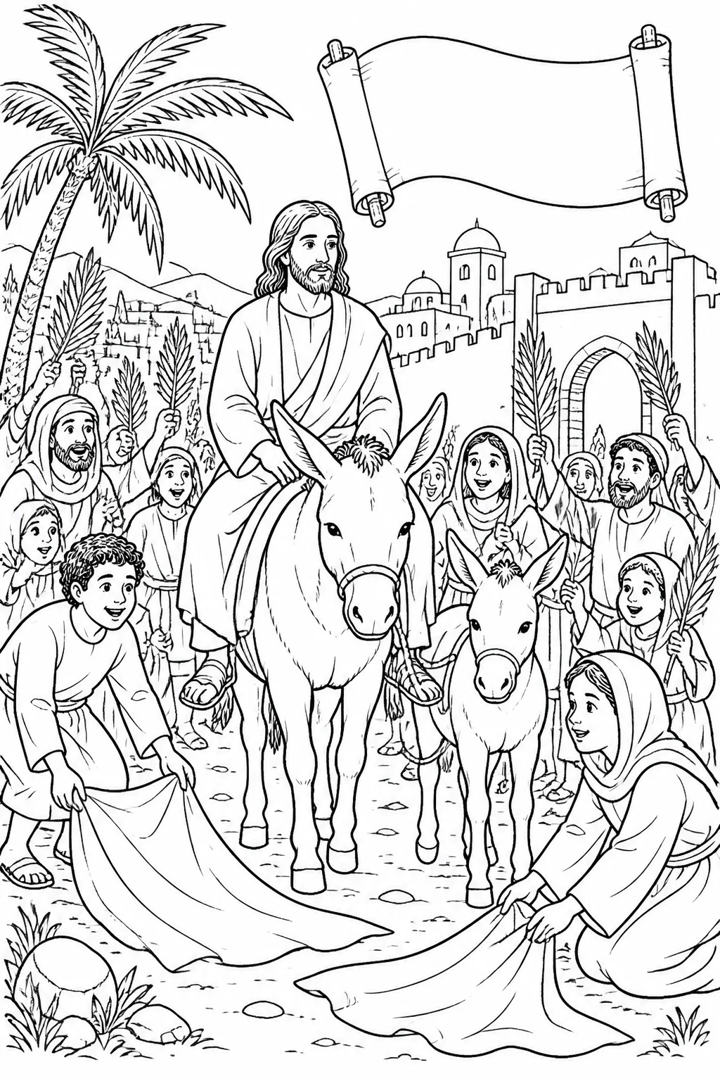 Coloring page concept of Jesus arriving humbly near Jerusalem with a donkey and its colt, alongside a scroll representing the prophetic message about the King’s coming.