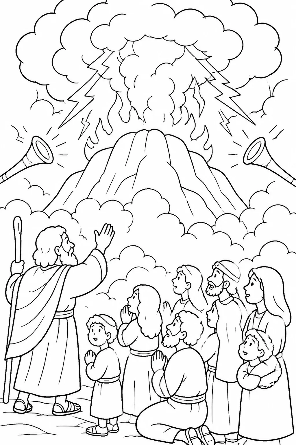Moses stands at the foot of Mount Sinai while the people of Israel respond with awe as the mountain is surrounded by thick cloud, smoke, fire, lightning, and a loud trumpet sound.