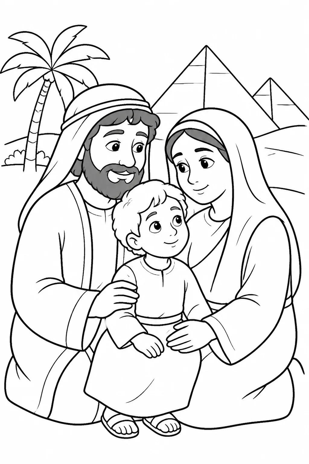 Mary, Joseph, and Jesus together in a quiet Egyptian setting, representing their protected stay in Egypt until Herod dies.