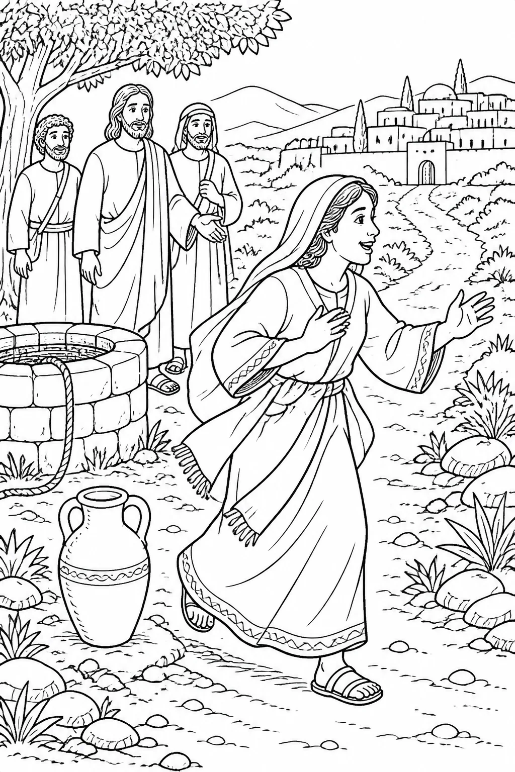 The Samaritan woman leaves her water jar at Jacob’s well and hurries toward the Samaritan city while Jesus and his disciples remain near the well.