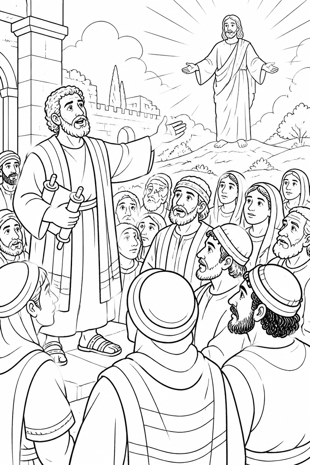 Peter Proclaims Jesus as Lord and Messiah from The Holy Spirit Comes at Pentecost Bible coloring page