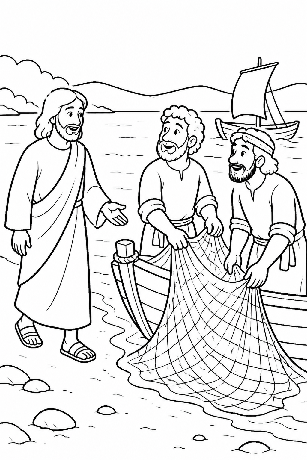 A Shoreline of Fishermen from Jesus Calls His First Disciples Bible coloring page