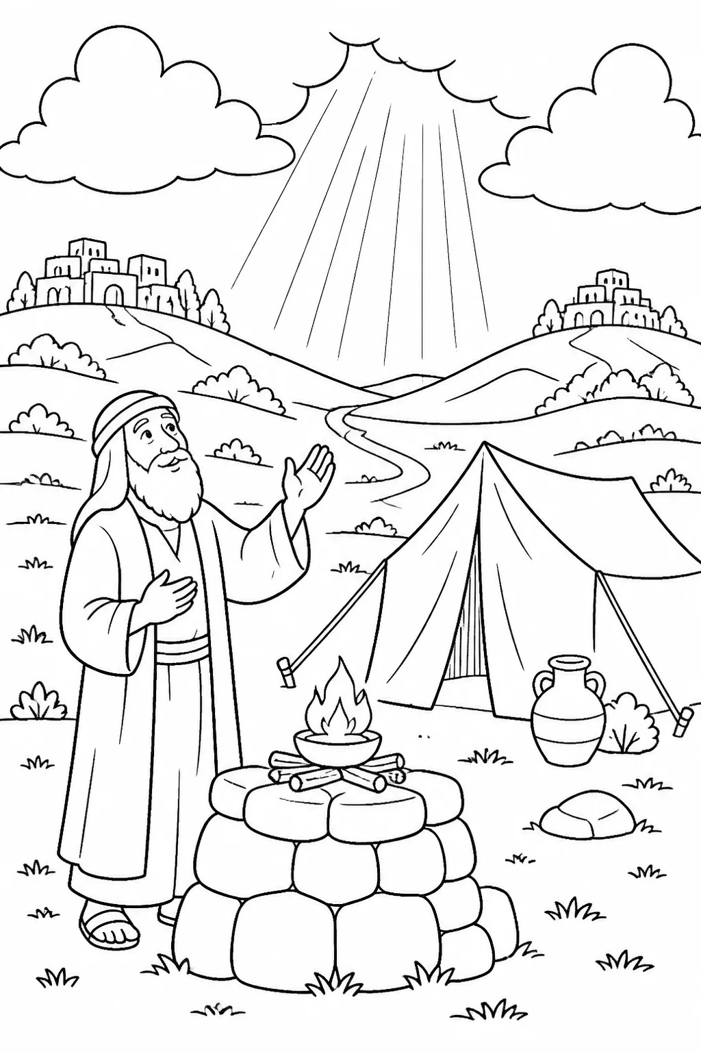 Abram beside an altar near his tent in the hill country east of Bethel, with Bethel west, Ai east, and a gentle radiant representation of the LORD’s presence above.