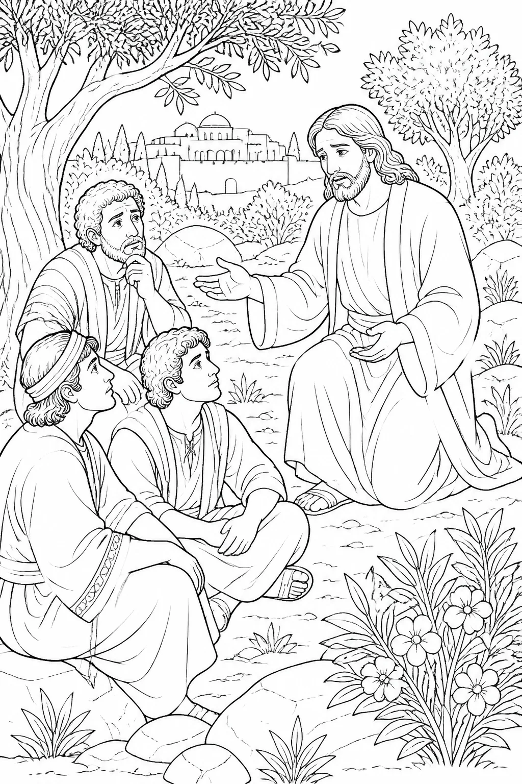 Jesus speaking earnestly with Peter and the two unnamed sons of Zebedee in the peaceful Gethsemane garden, asking them to remain and watch with him.