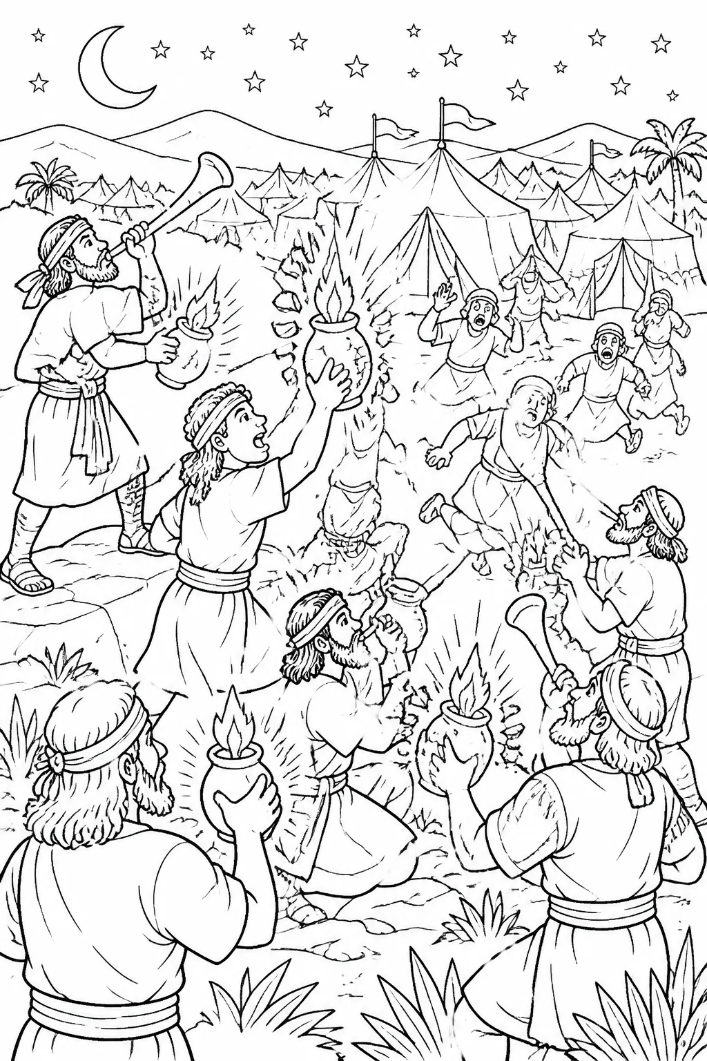 Gideon and the 300 Israelite men surround the Midianite camp at night with trumpets, empty jars, and torches hidden inside the jars.