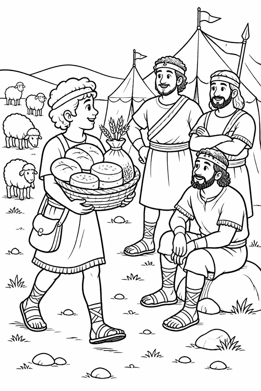 David carries grain, ten loaves of bread, and ten cheeses from Bethlehem to his three eldest brothers serving in Saul’s army while David’s sheep are nearby.
