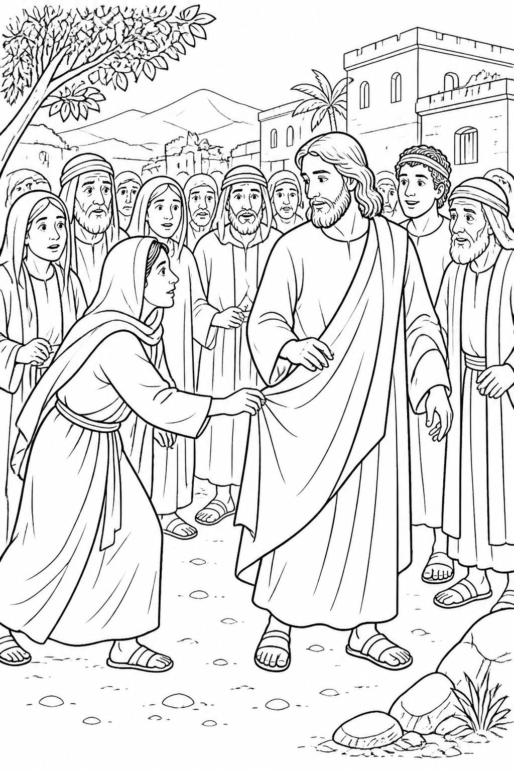 A Woman Touches Jesus’ Clothing from Jesus Raises Jairus’s Daughter Bible coloring page