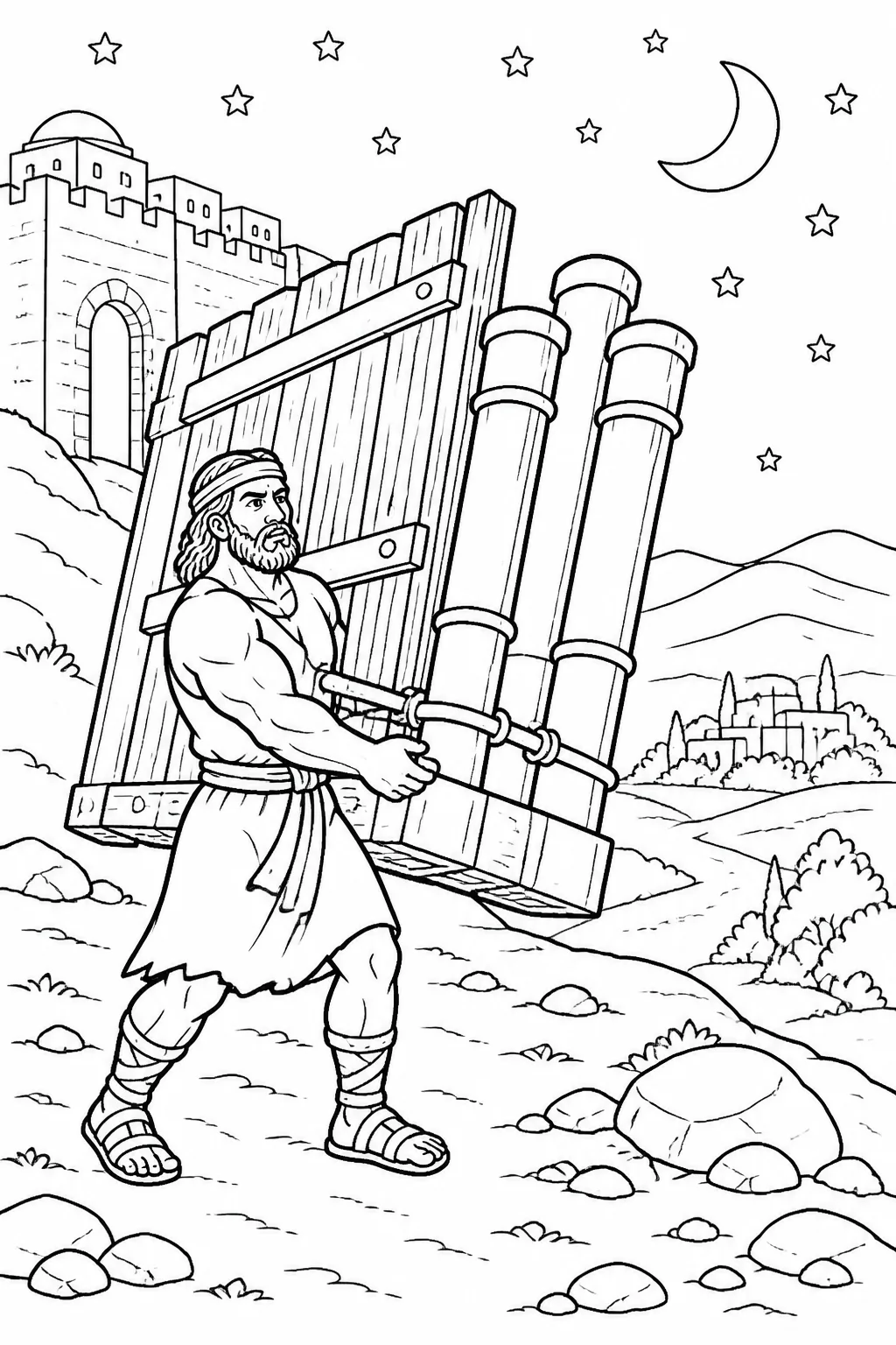 Samson carries the removed doors, posts, and bars of Gaza’s city gate toward the hill near Hebron at night.