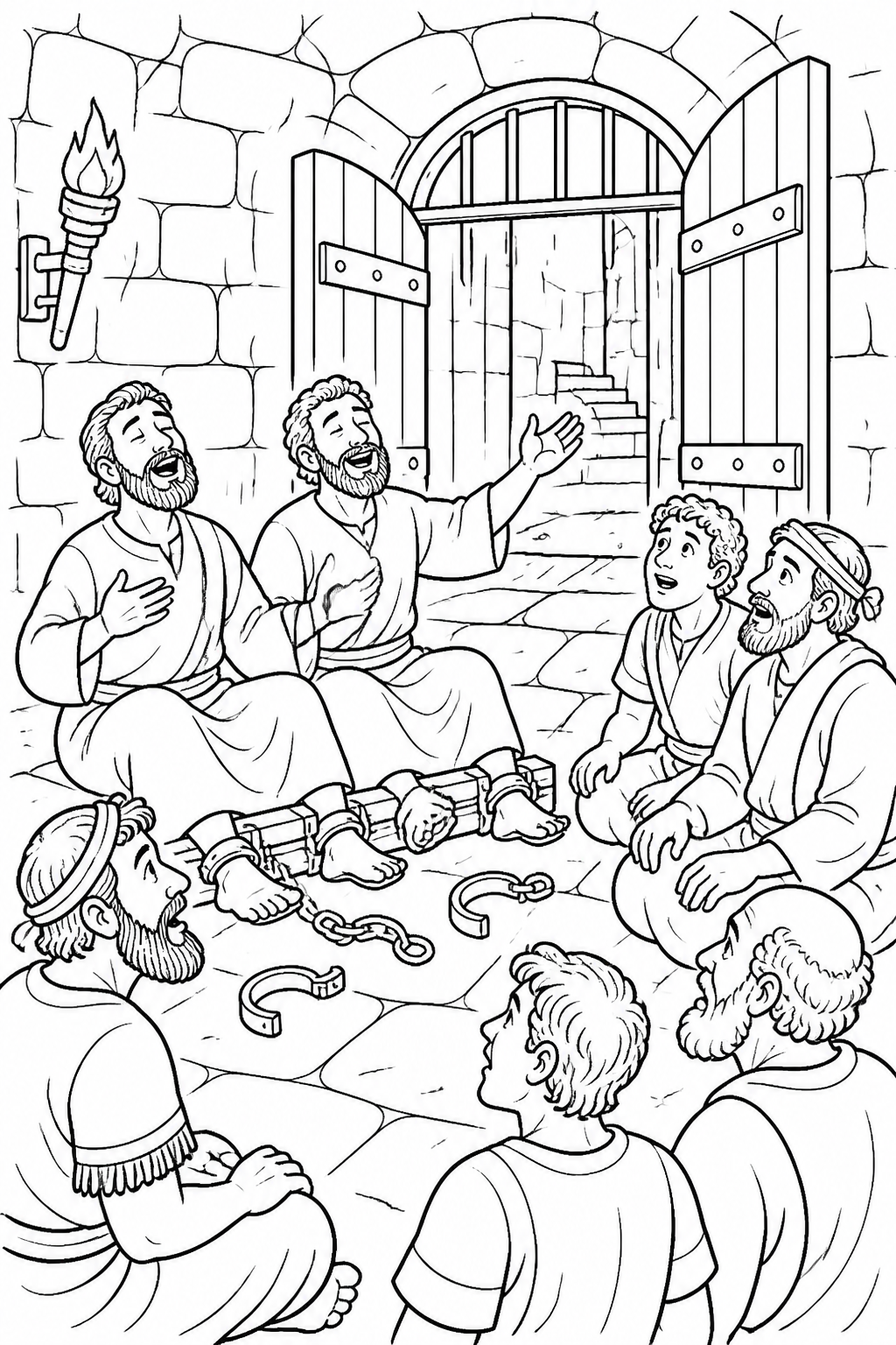 Songs in the Inner Prison from Paul and Silas Sing in Prison Bible coloring page