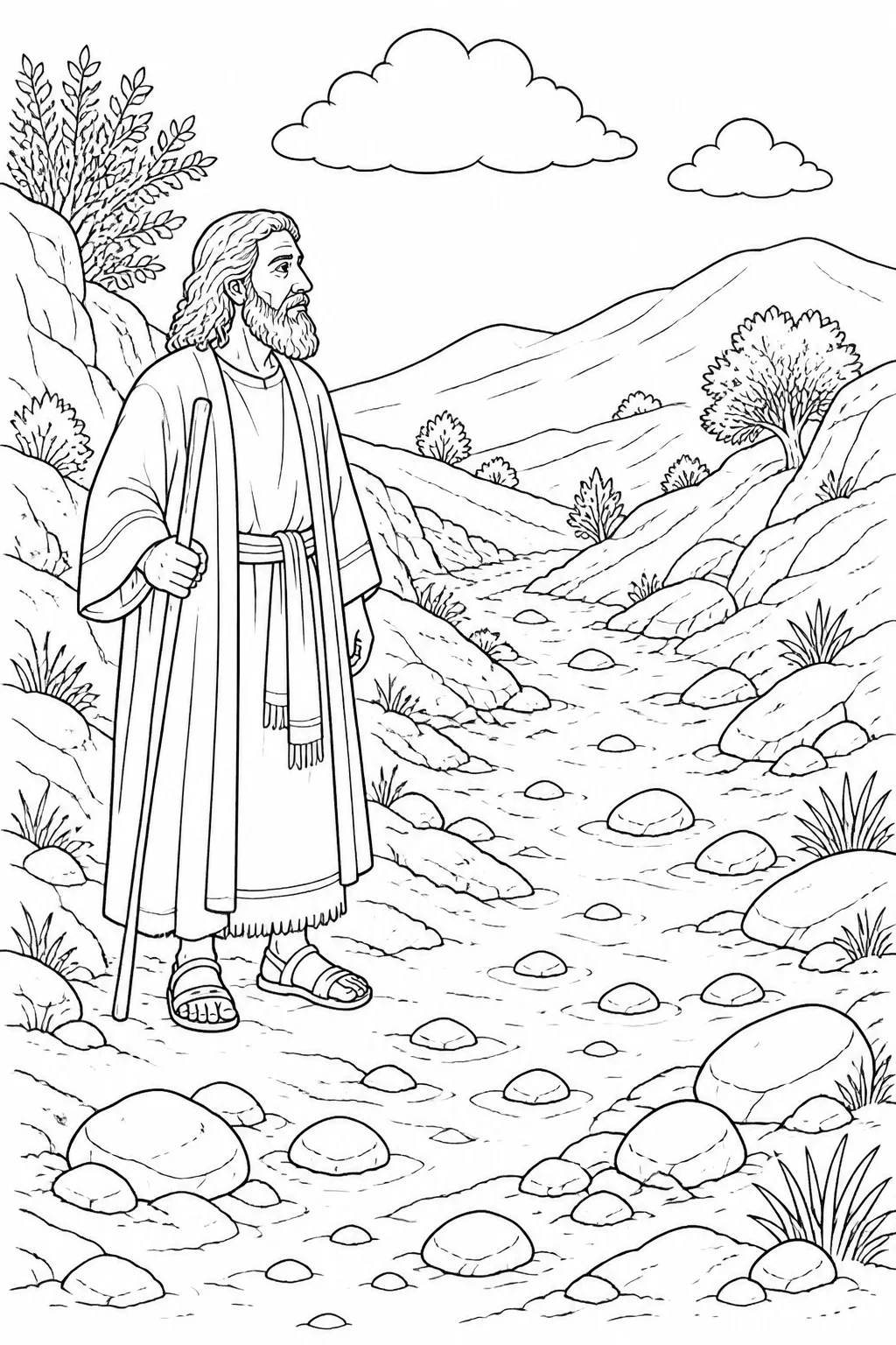 Elijah stands beside the dry bed of the Brook Cherith after the brook became dry because there had been no rain.