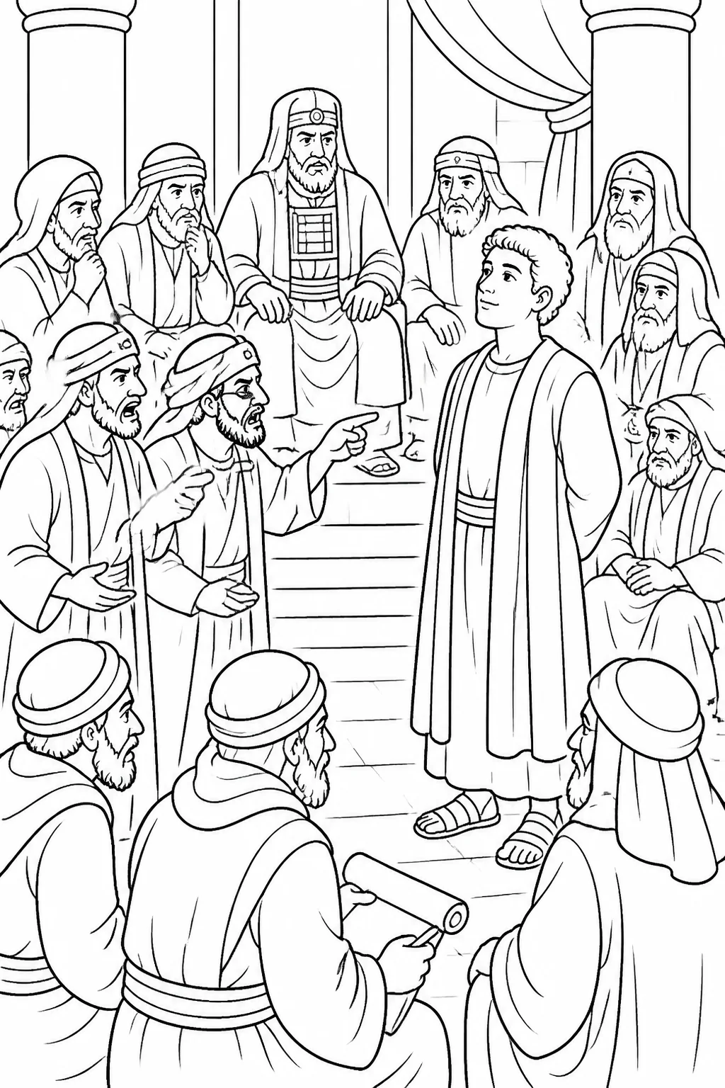 Stephen standing respectfully before the council in Jerusalem while the high priest, council members, elders, scribes, and false witnesses are present.