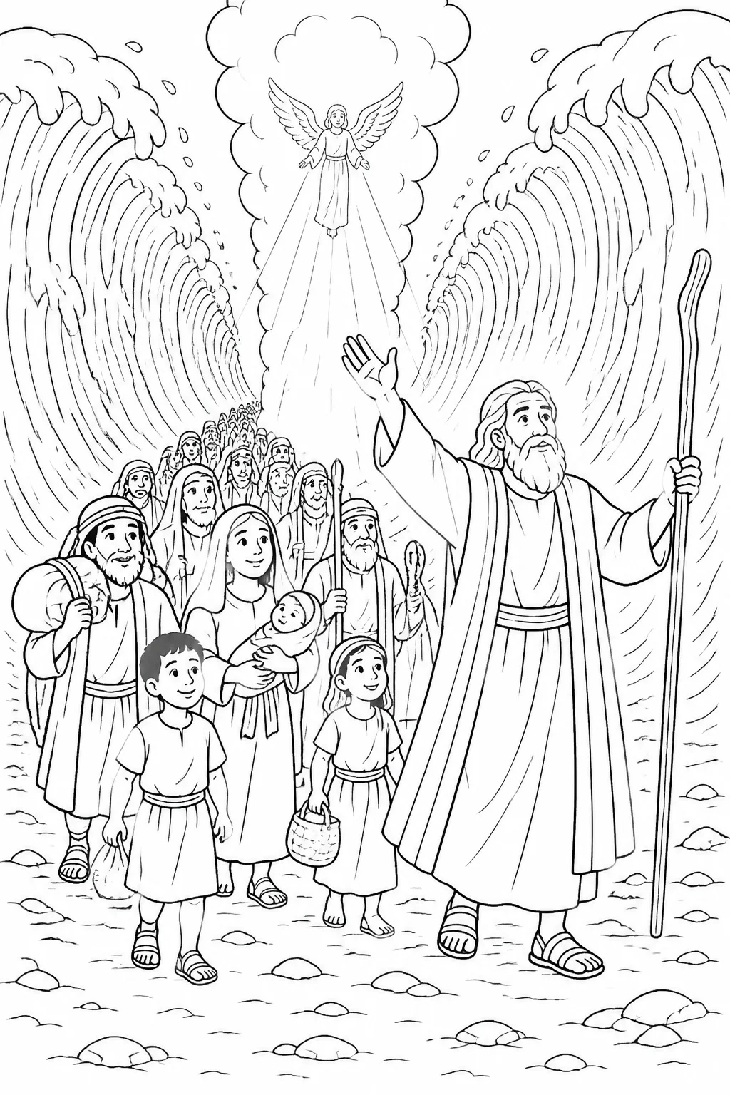 Moses leads the Israelites across dry ground between walls of water in the Red Sea while the pillar of cloud stands between Israel and the Egyptians.