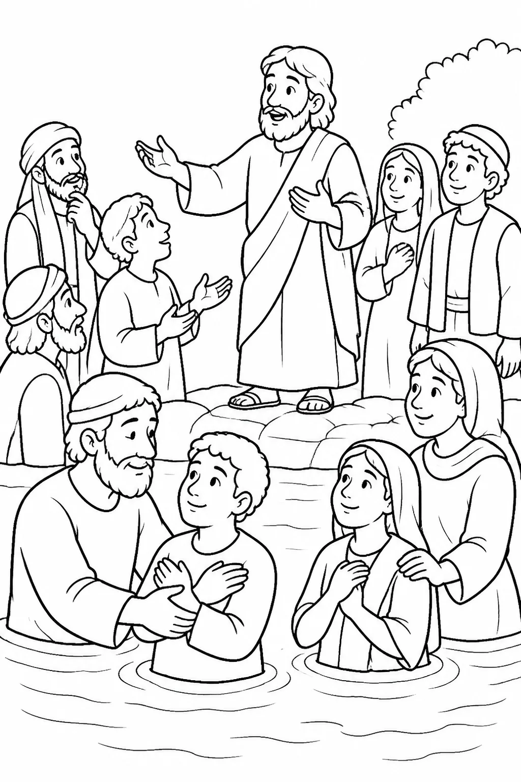 Peter speaks with listeners near water while people are baptized and other believers welcome them, representing Acts 2:37–41.