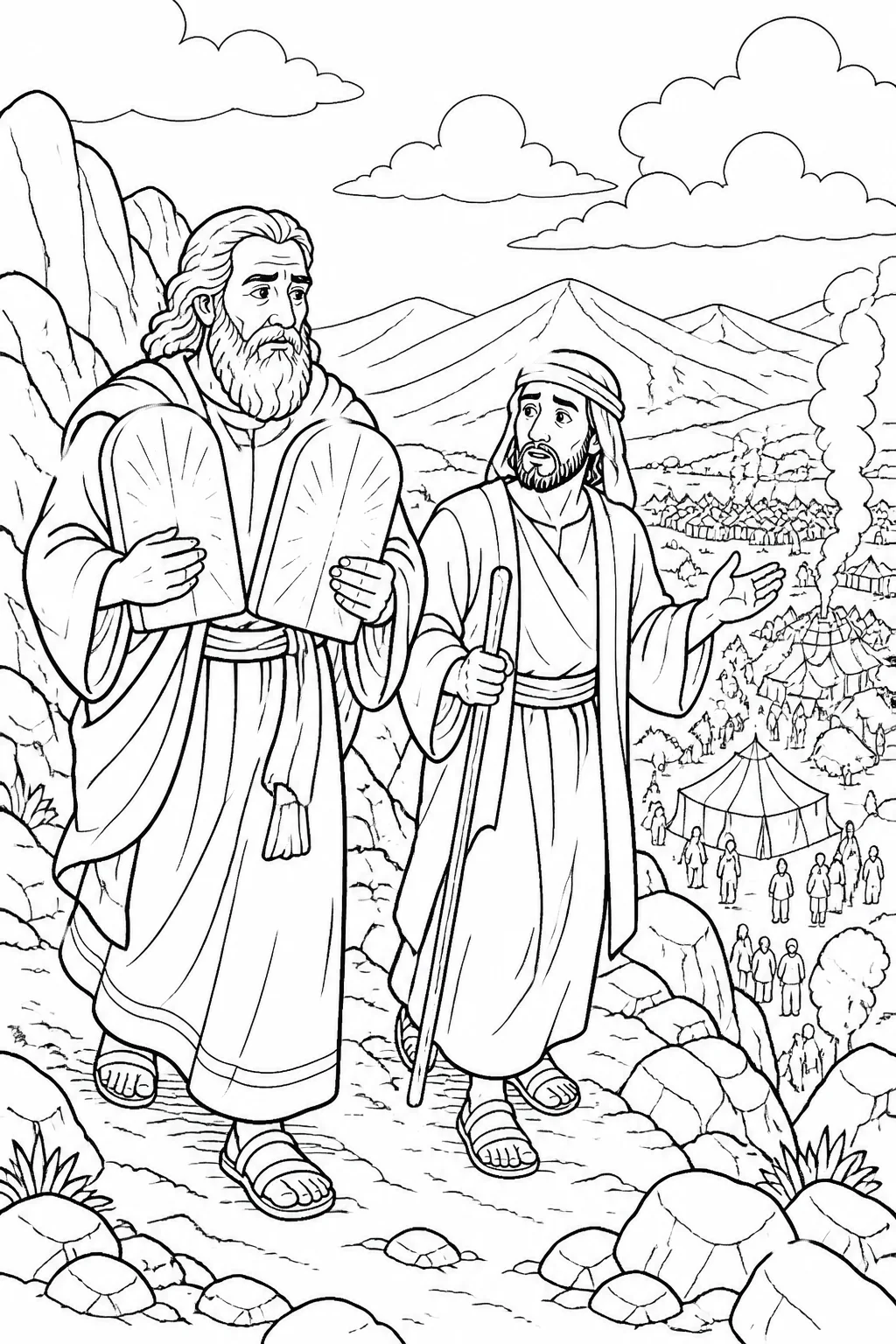 Moses and Joshua come down Mount Sinai toward Israel’s camp while Moses carries the two covenant tablets.