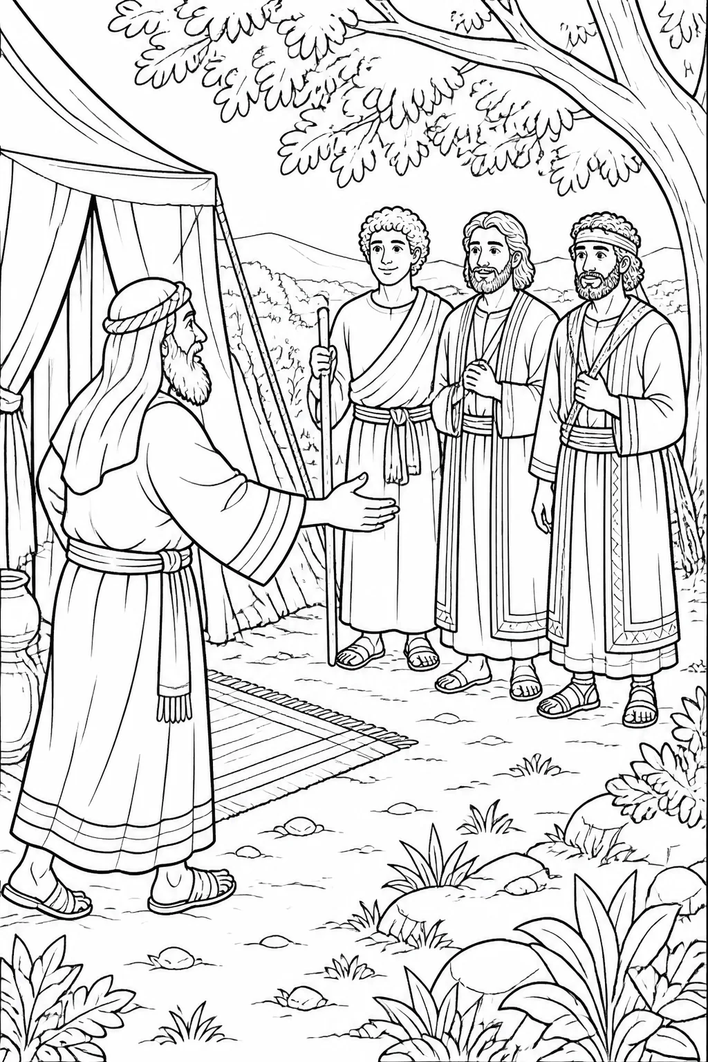 Abraham respectfully welcoming three visitors at the entrance of his tent beneath the oaks of Mamre, based on Genesis 18:1-2.