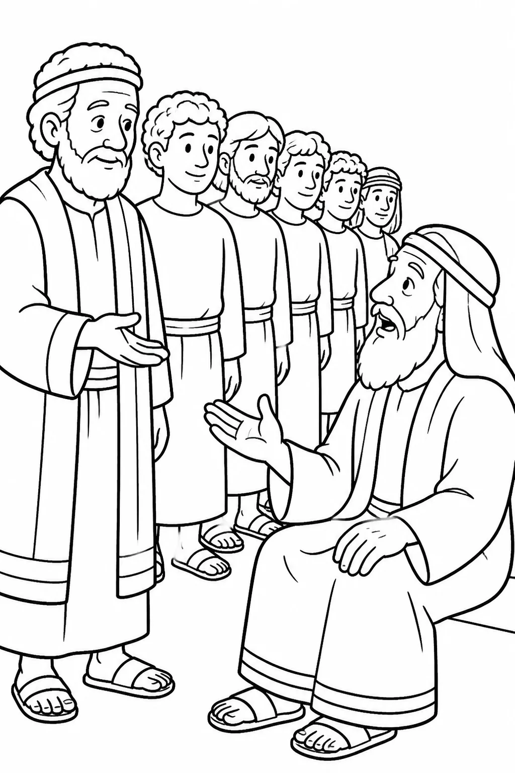 Samuel and Jesse with Jesse’s sons as the sons are presented one by one in 1 Samuel 16:8-10.