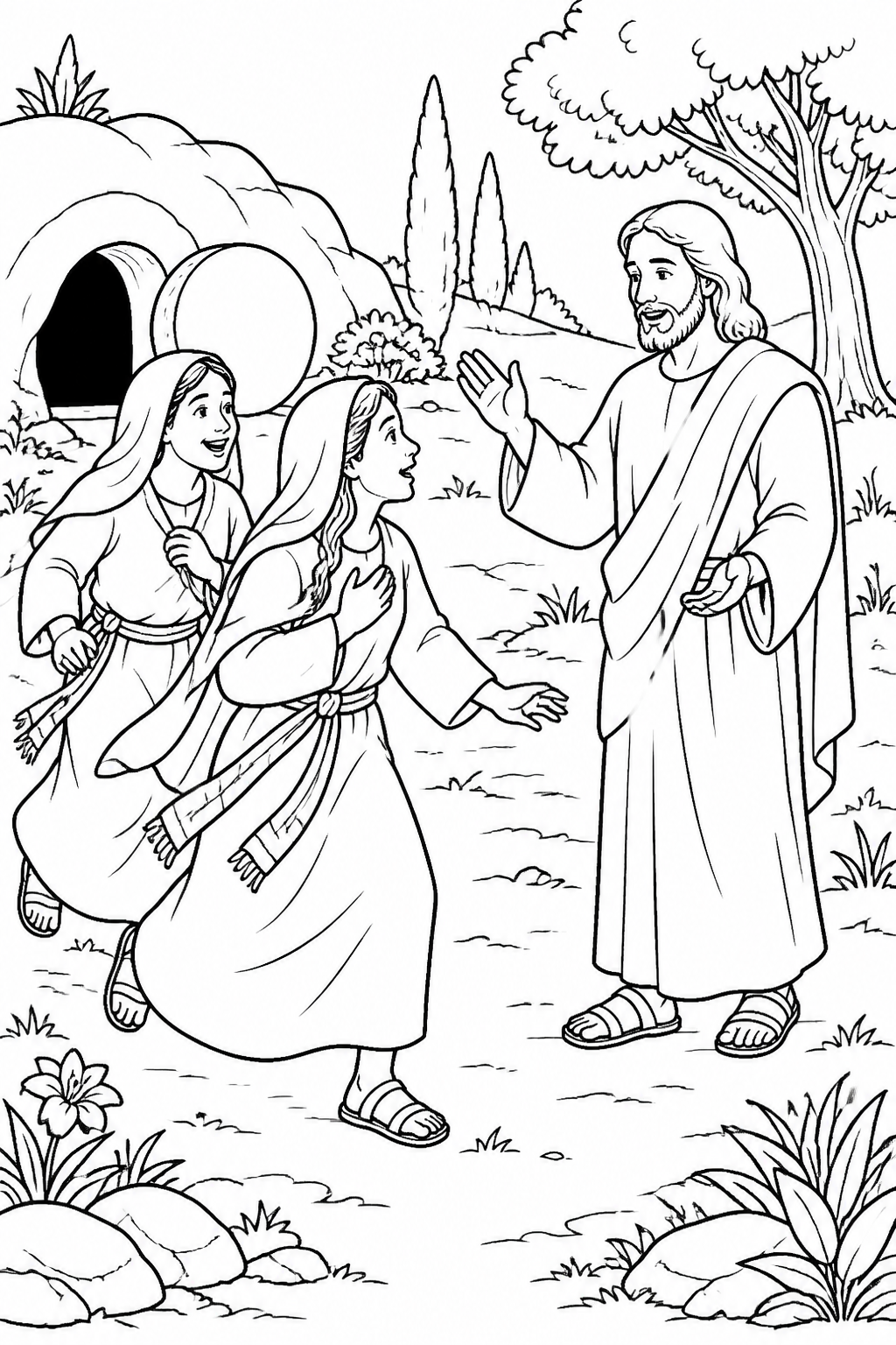 Jesus Meets the Women from Jesus Is Risen Bible coloring page