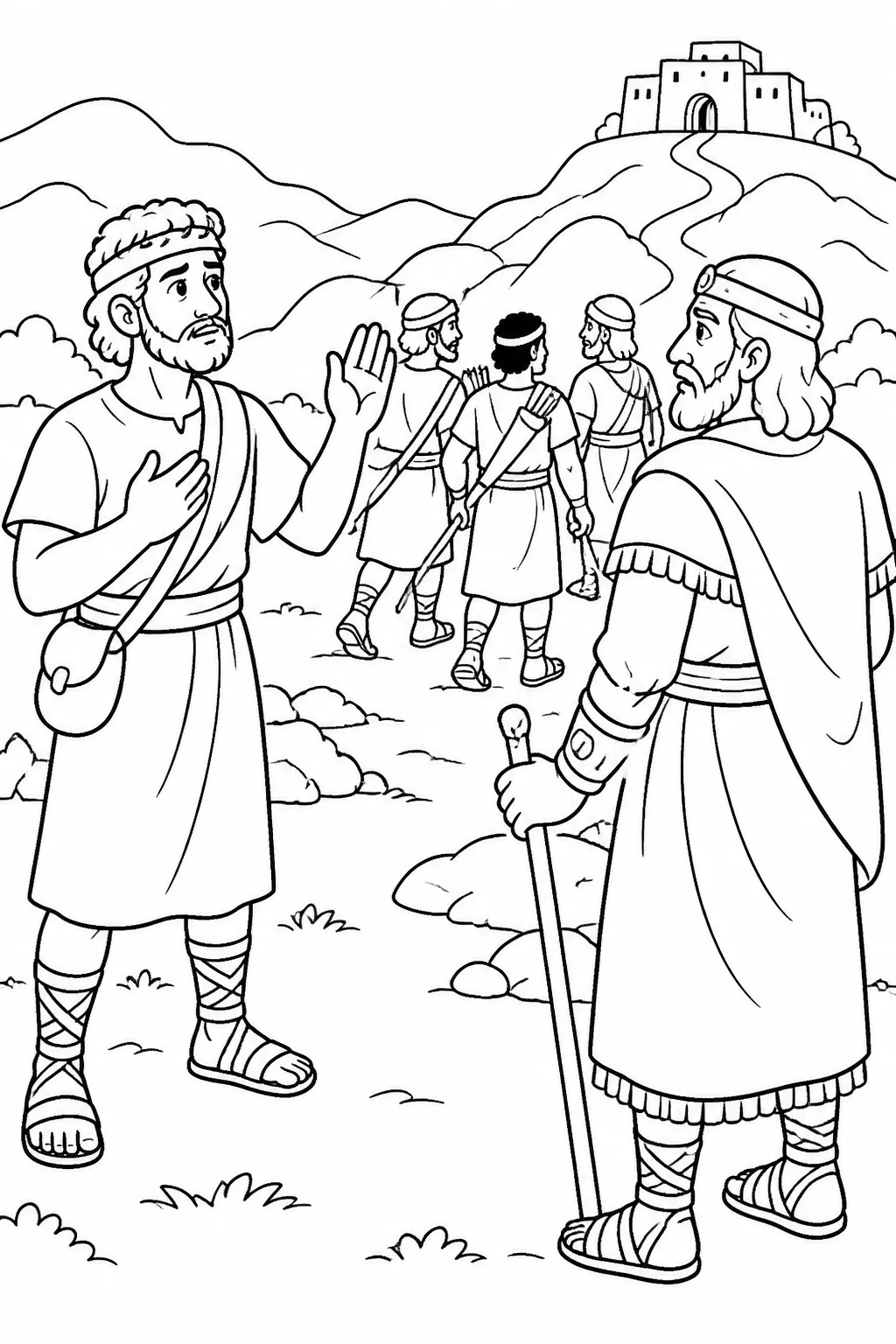 David and Saul stand apart in the wilderness as David makes a serious promise concerning Saul’s descendants; Saul turns home while David and his men head toward a stronghold.