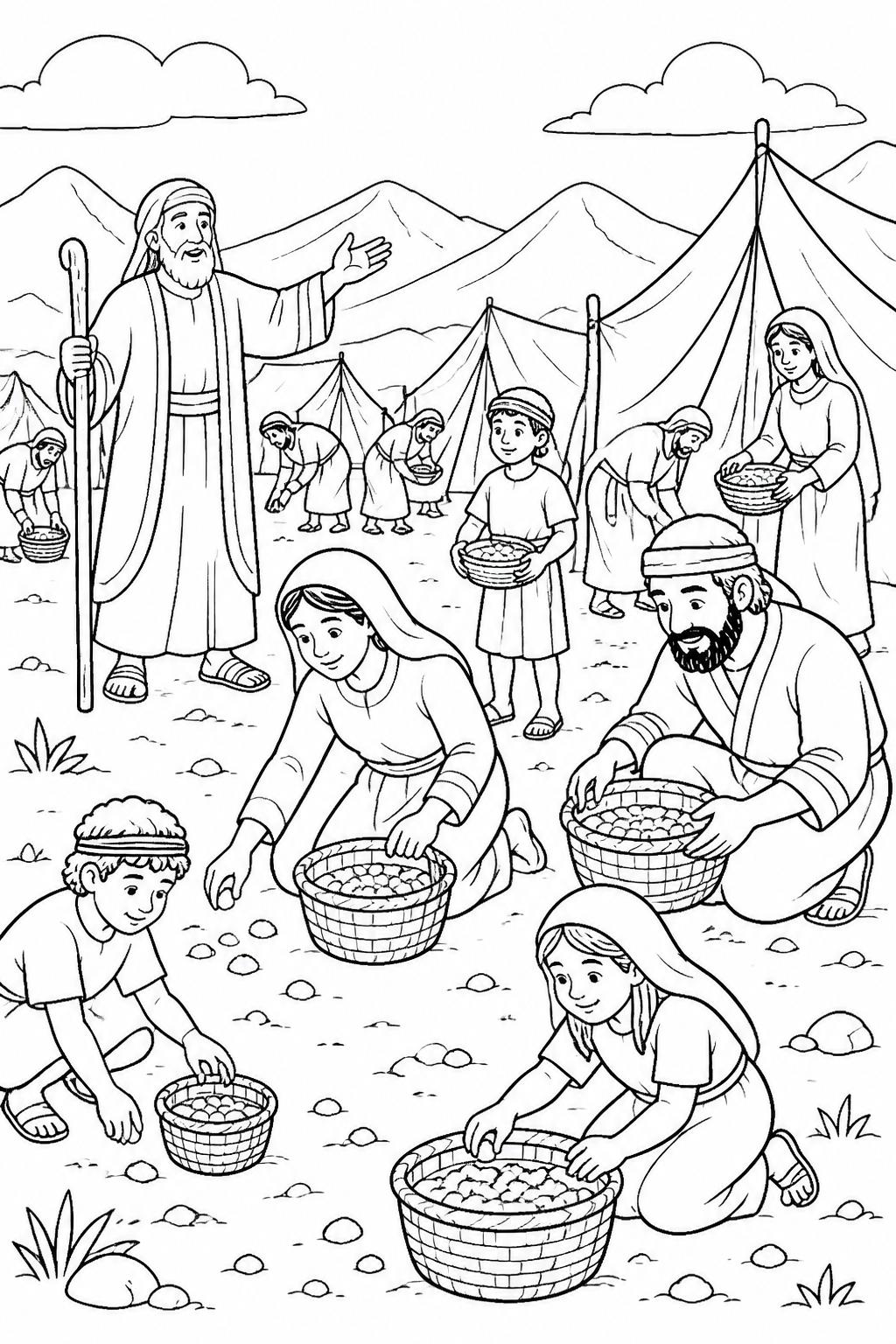 Gathering What Each Person Needs from Manna in the Wilderness Bible coloring page