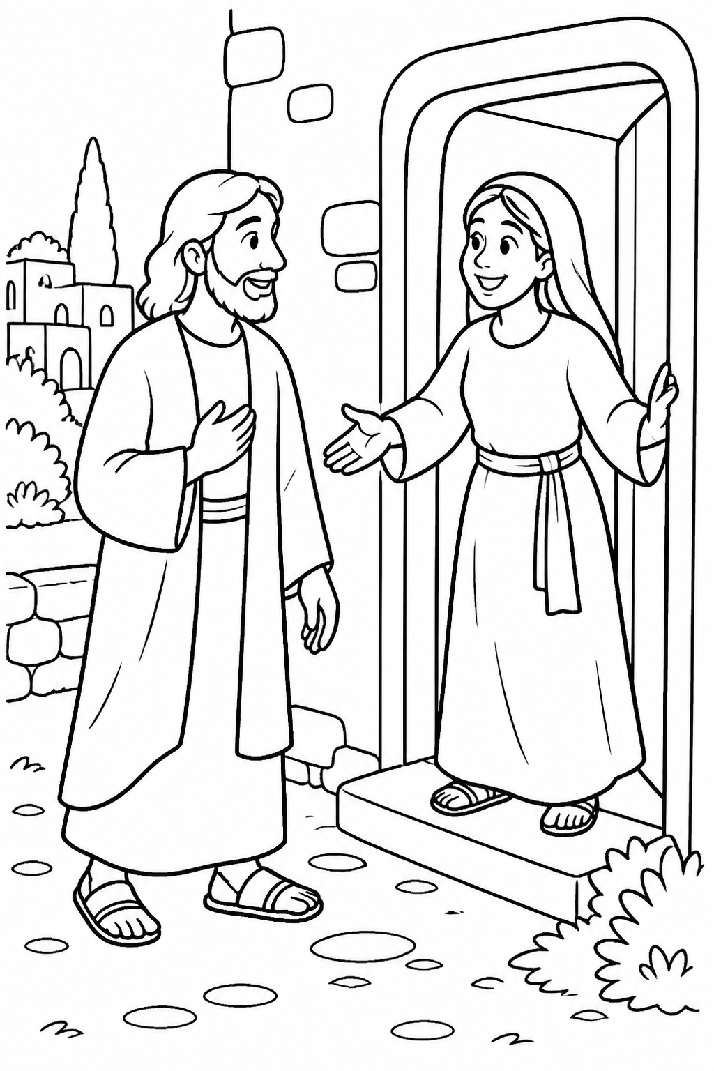 Martha Welcomes Jesus from Jesus Visits Mary and Martha Bible coloring page