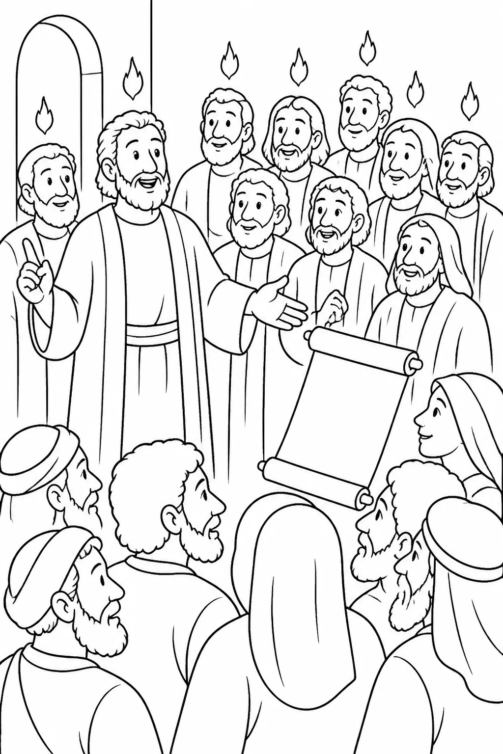Peter with the eleven apostles addresses the crowd in Jerusalem while a scroll symbolizes Joel’s prophecy about God pouring out his Spirit.