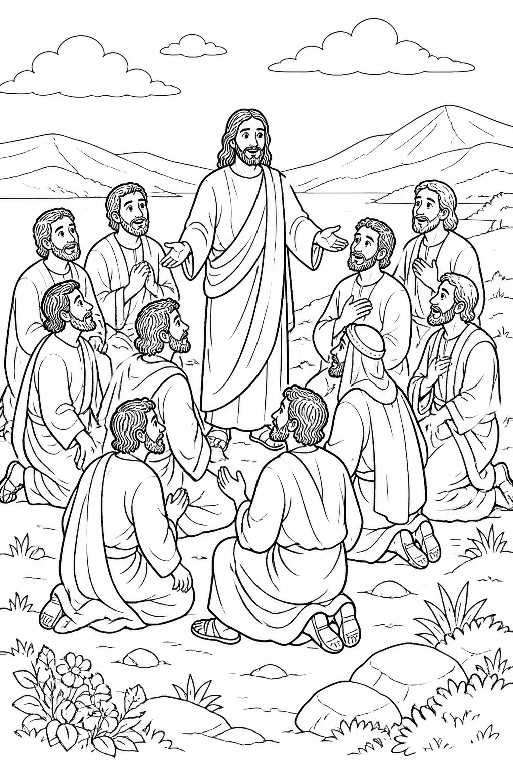 Jesus meeting the eleven disciples on a mountain in Galilee, as described in Matthew 28:16-17.