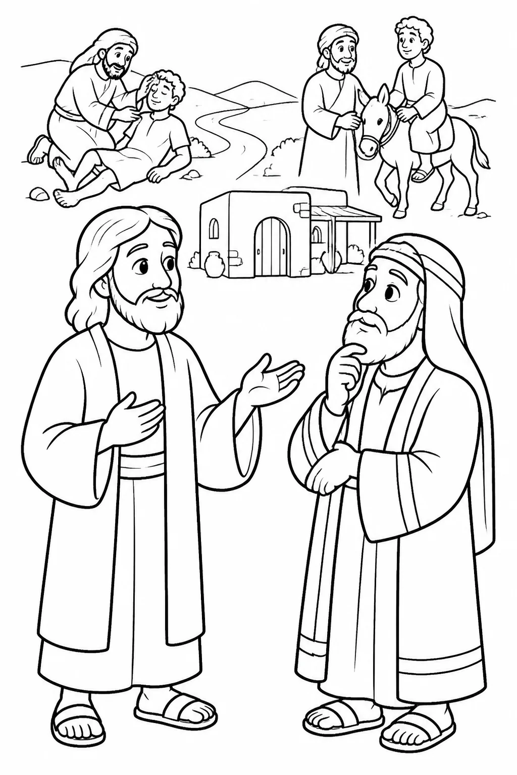 Jesus speaks with a law expert after telling the parable of the Good Samaritan; background scenes show the Samaritan caring for the wounded traveler and connecting Jesus’ command with merciful action.