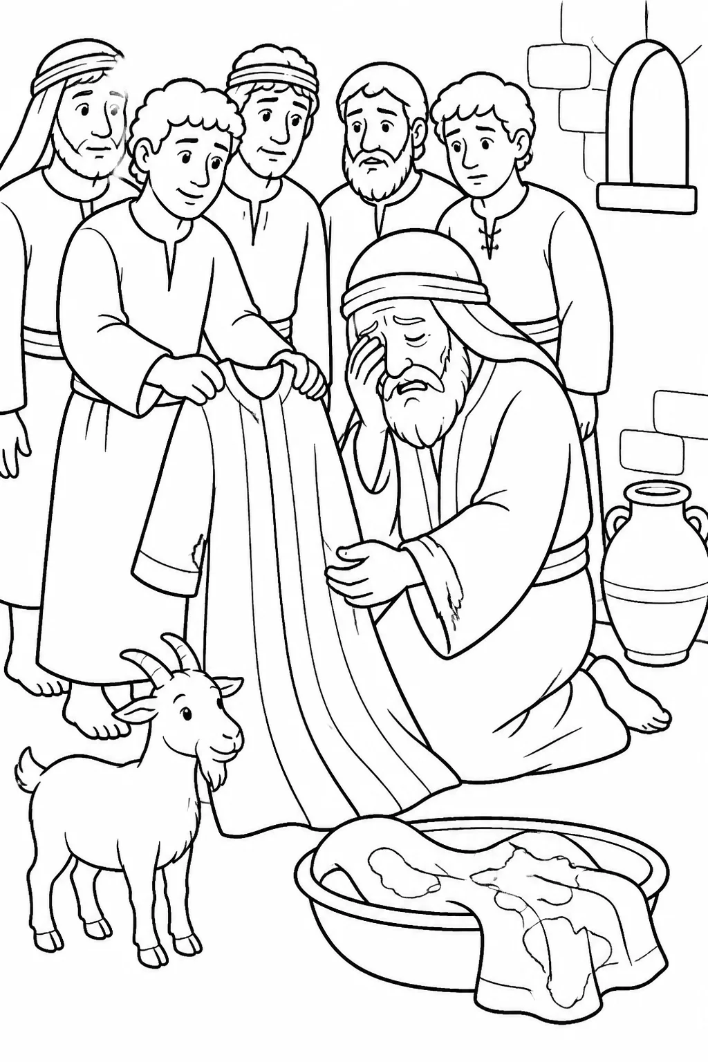 Jacob receives Joseph’s garment from his brothers and mourns, with a small goat nearby to represent the deception.