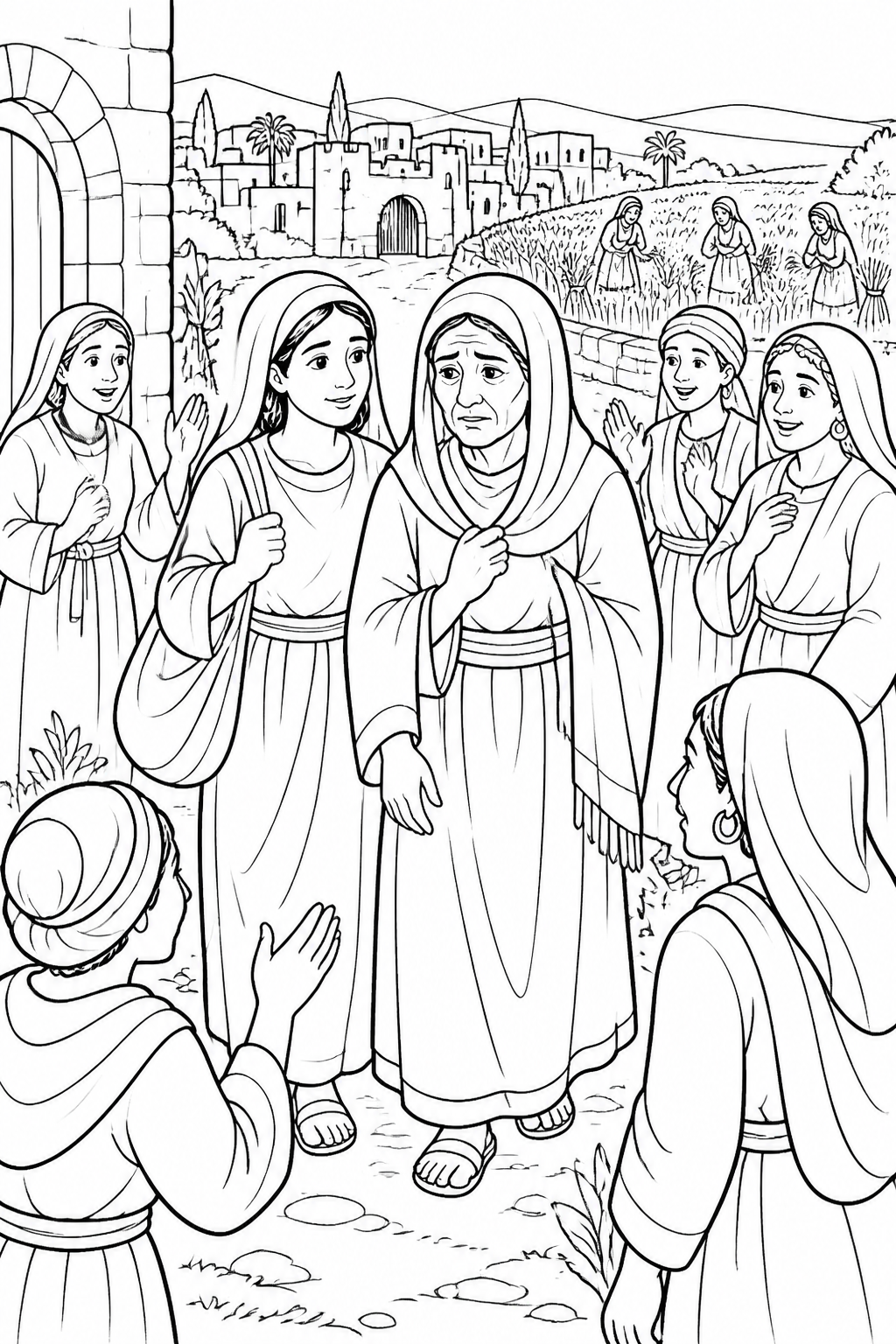Naomi Returns to Bethlehem from Ruth Stays with Naomi Bible coloring page